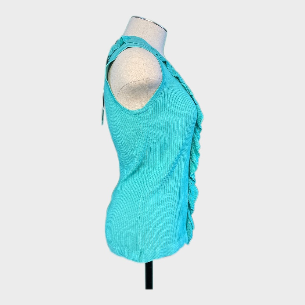 Belldini Luxe Turquoise Ruffle Rhinestone Vest Cardigan Figure Flattering Large✨ - Picture 3 of 9